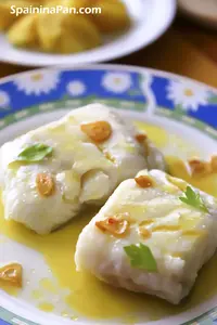 Spanish cod with pil pil sauce on a dish with a glass of beer.