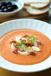 Spanish salmorejo Cordobes tomato soup in dish.