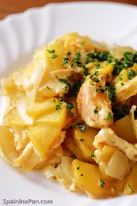 Spanish scrambled potatoes garnished with parsley on a ceramic plate.
