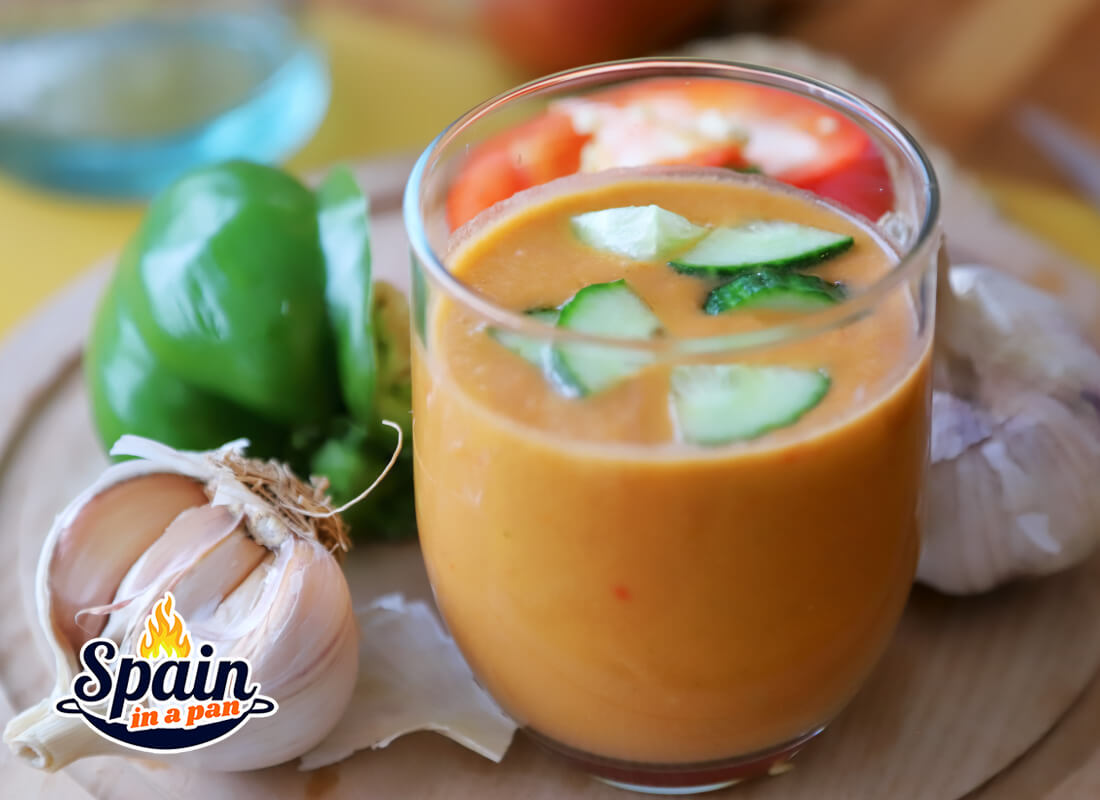 Andalusian gazpacho in a glass with vegetables.