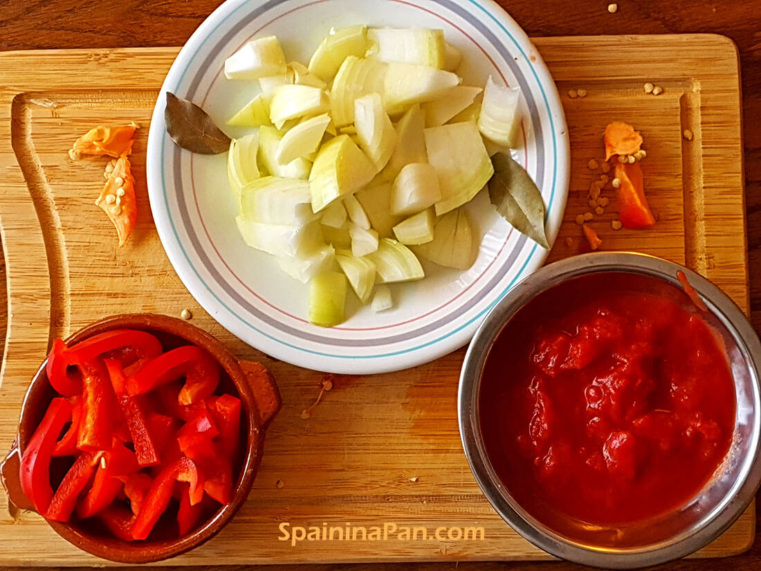 Aromatics for Spanish beef stew with pimiento. Aromatics for Spanish beef stew with pimiento.
