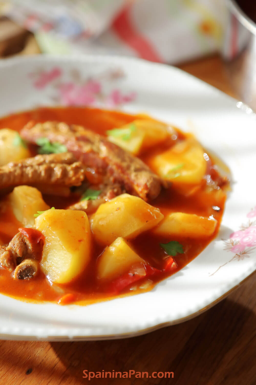 A Spanish potato and ribs stew on a plate.