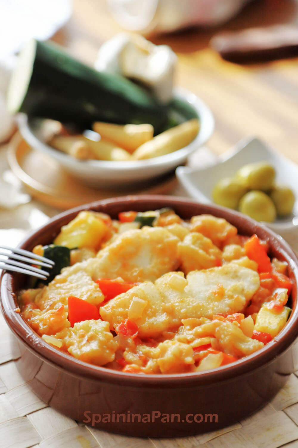 Samfaina cod or Bacalao a la samfaina in a bowl.