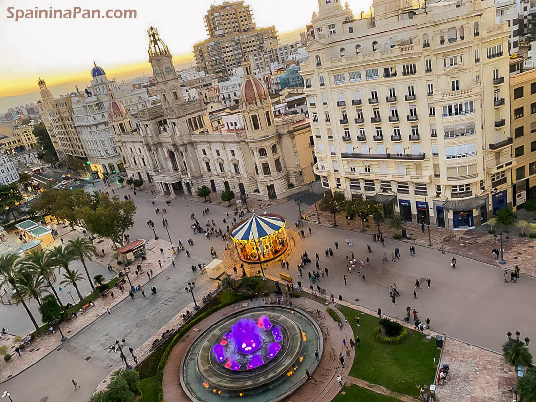 The city center of Valencia, Spain during sunset.