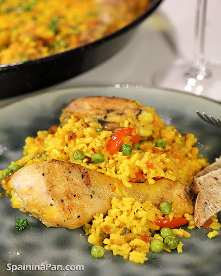 Spanish chicken paella on a plate.