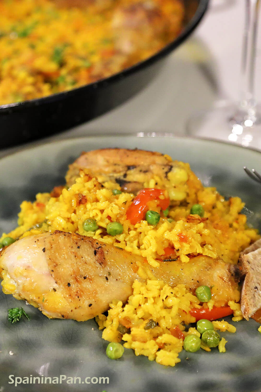 Spanish chicken paella on a plate.