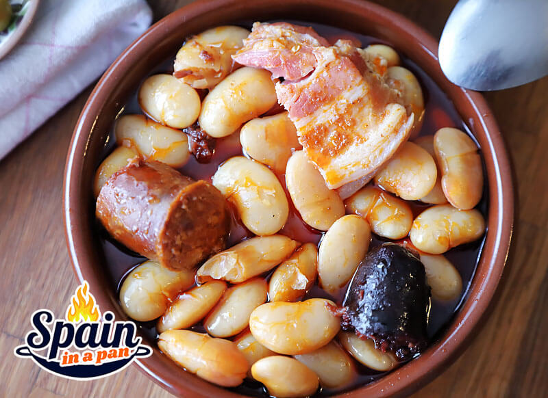 Spanish fabada asturiana in a cazuela dish.