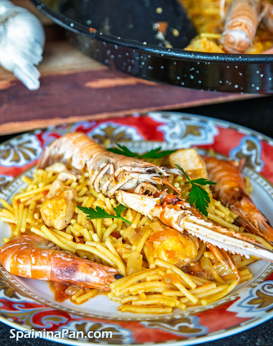 Fideua de Gandia noodle dish with seafood.