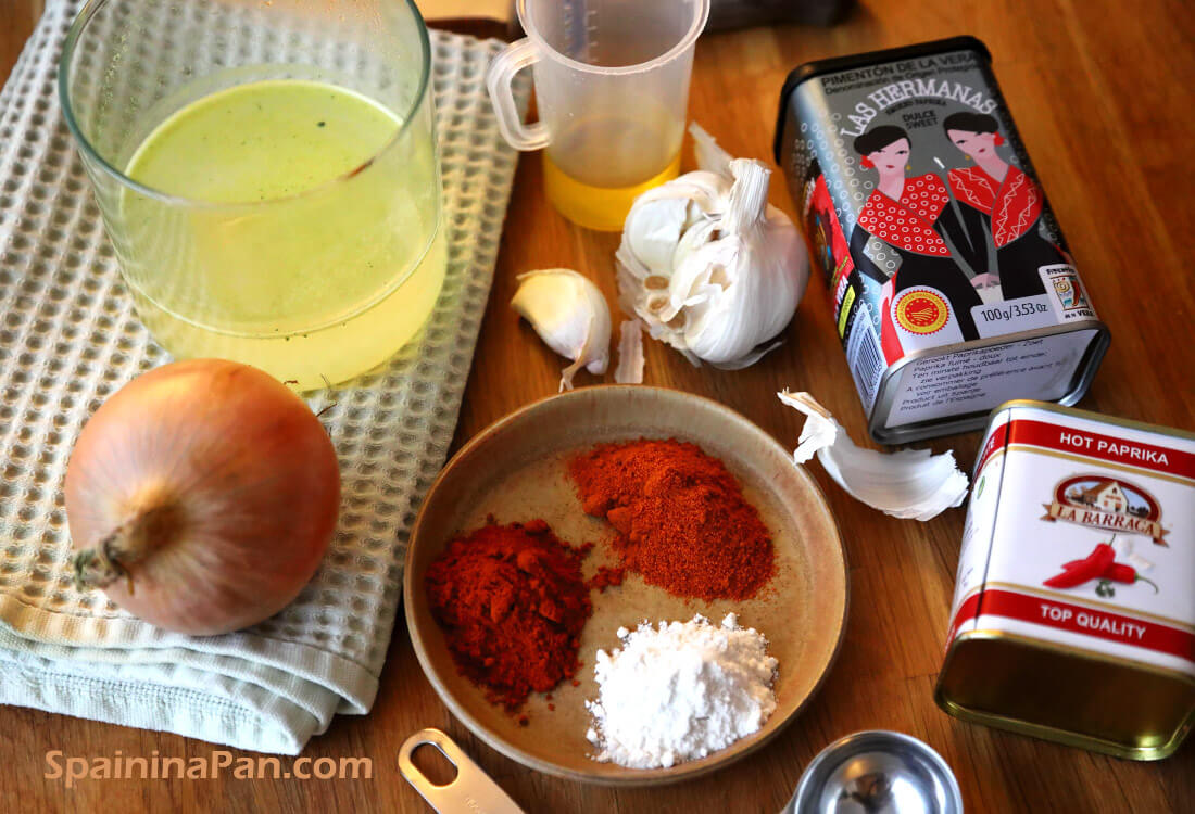 Ingredients to make paprika based patatas bravas.