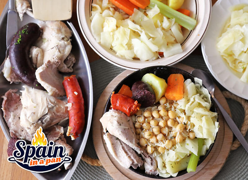 Madrilenian cocido chickpea stew in a bowl.