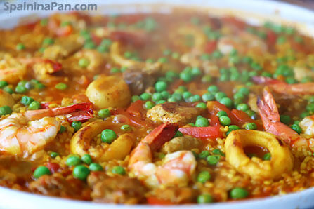 Paella mixta with calamari, shrimp and chicken.