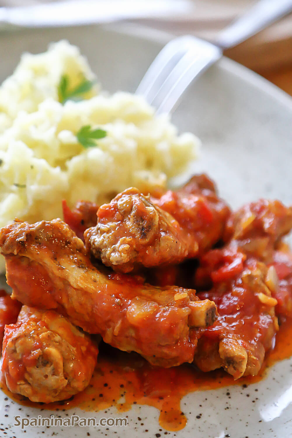 Spanish pork ribs in tomato sauce on a plate.