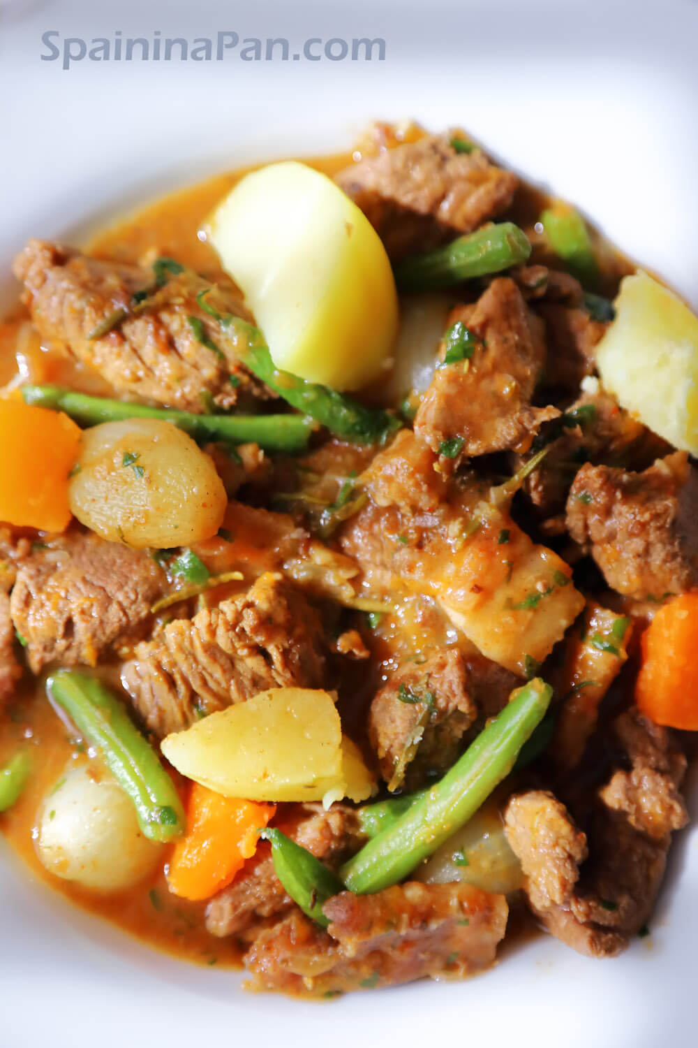 Spanish beef with pumpkin stew in a deep plate.