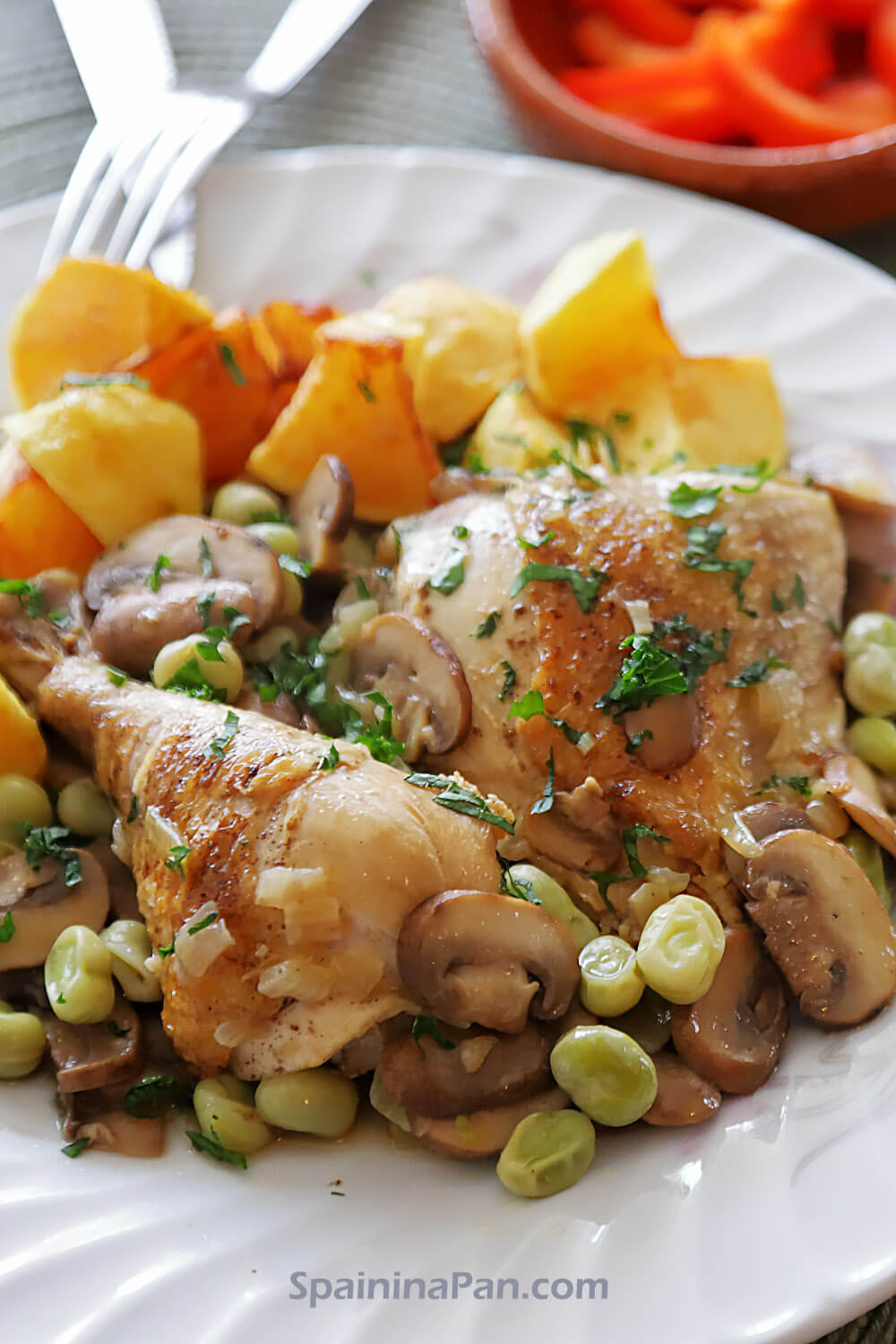 Spanish chicken and broad beans with mushrooms stew on a plate.