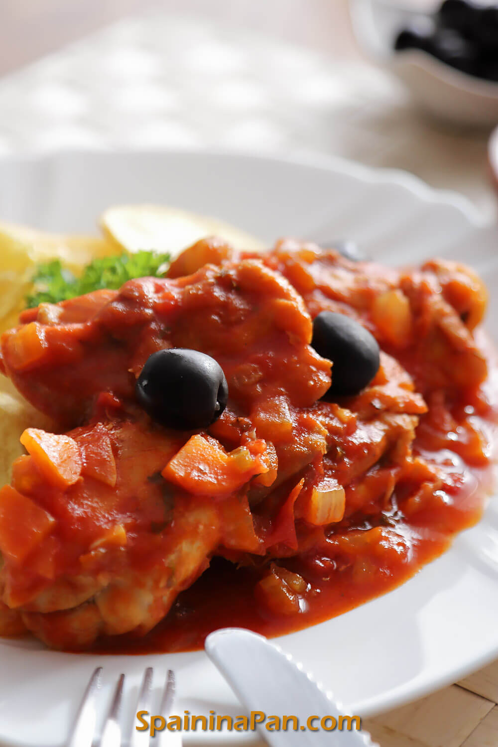 Spanish chicken in tomato sauce on a plate.