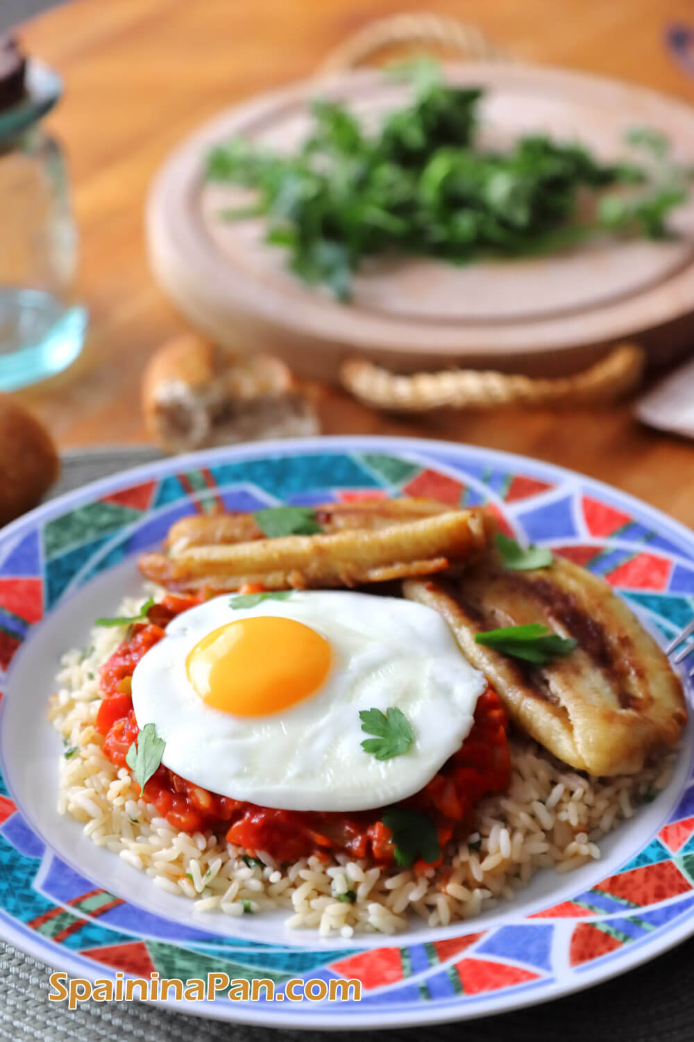 A delicious Spanish Cuban rice from the Canary Islands on a decorative plate.