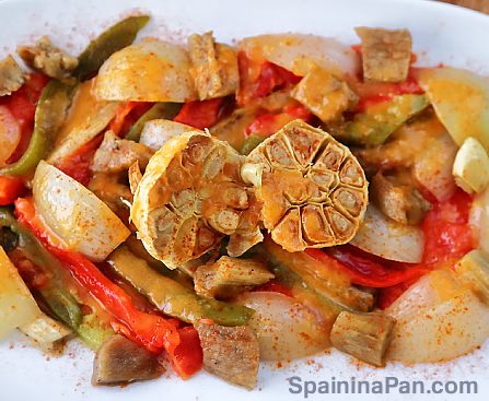 Spanish escalivada roasted vegetables on a large tray.