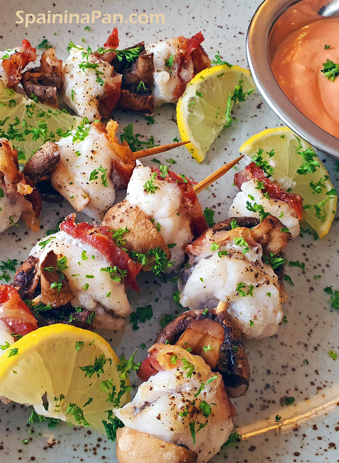 Spanish monkfish brochettes on a plate with red sauce