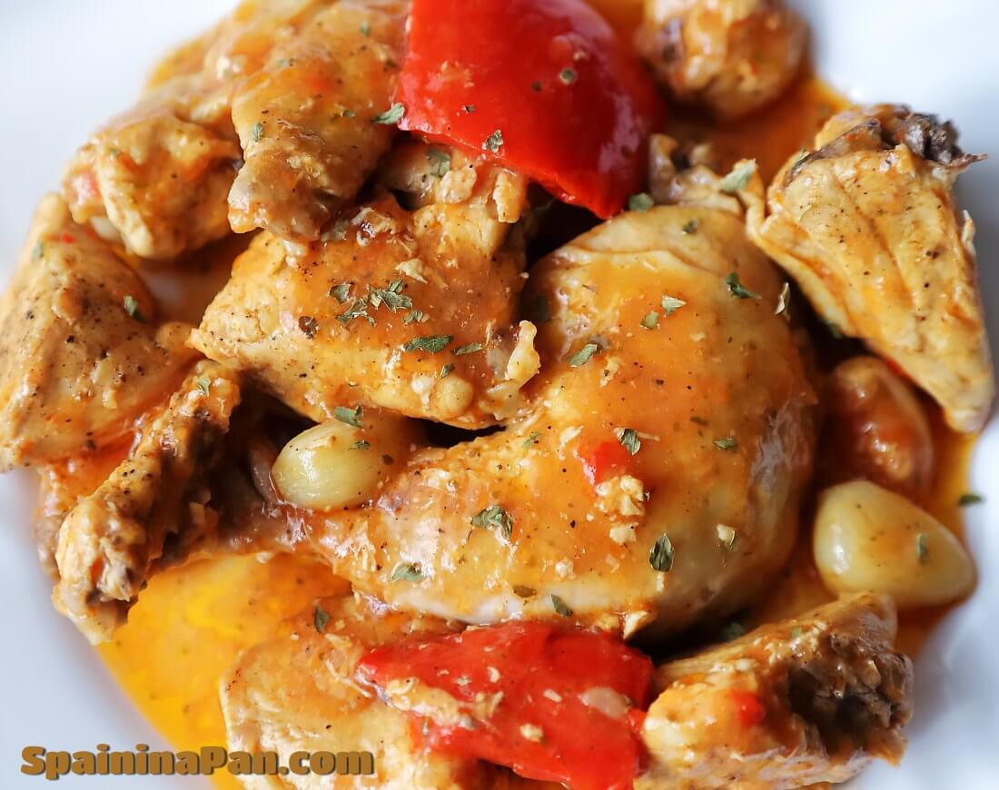 Spanish garlic chicken or pollo al ajillo on a plate..