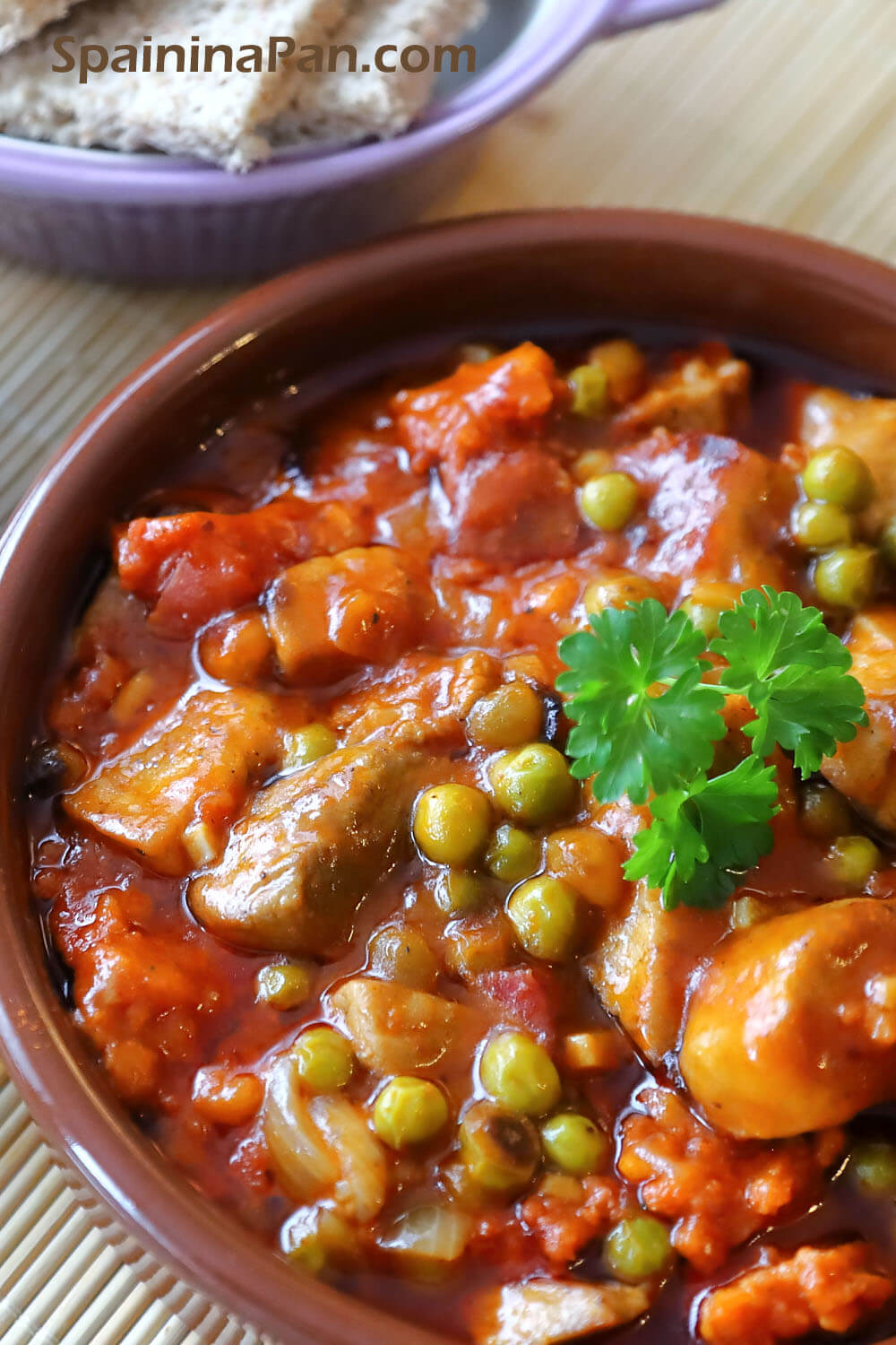 Spanish pork and chorizo stew in a earth tray.