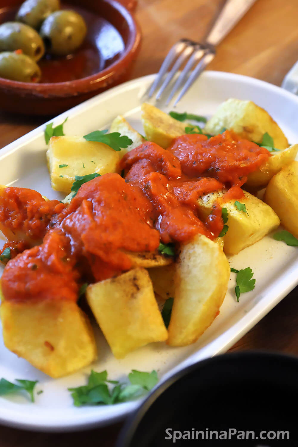 Patatas bravas with tomato based salsa brava in a tray.